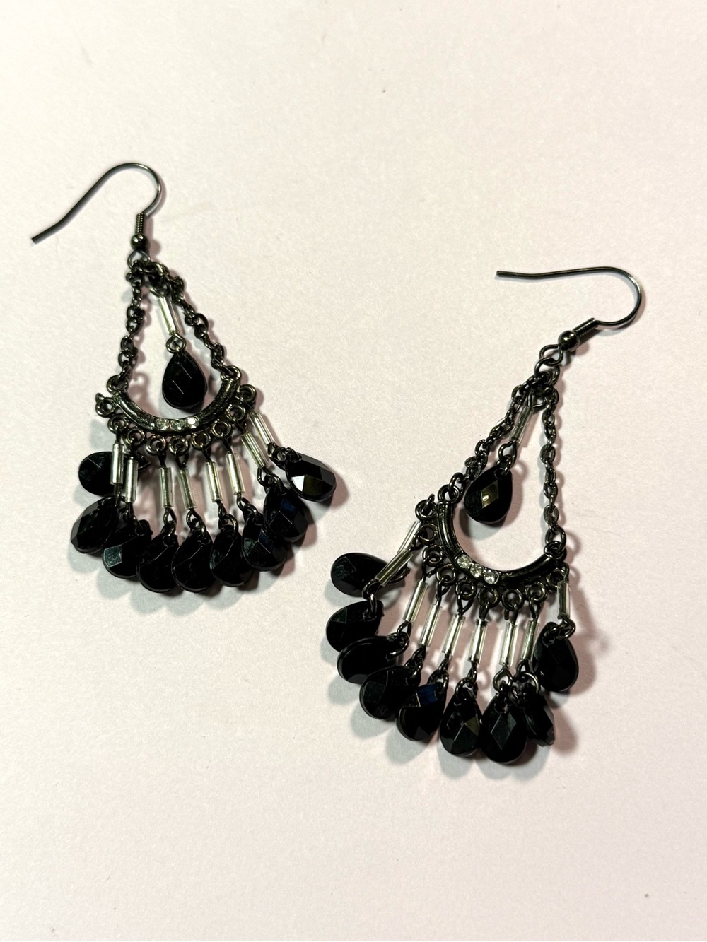 Black Teardrop Bead Chandelier Earrings Gunmetal Gothic Boho Dangle Pierced
